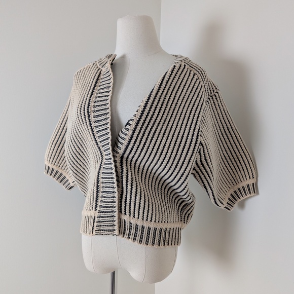 Knit Cardigan Short Sleeve Button Up Stripes Thick - Picture 3 of 11